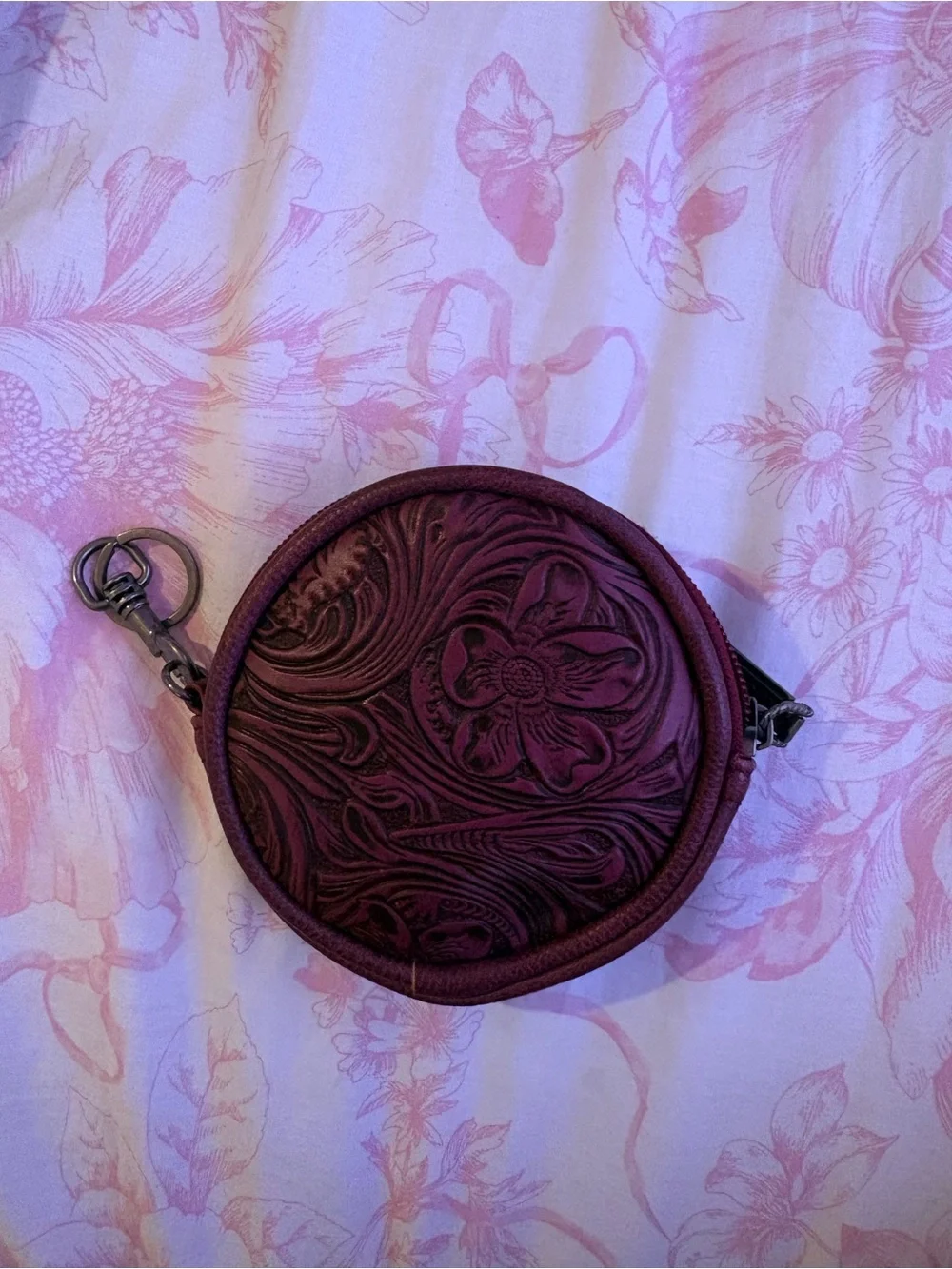 Round Floral Embossed Leather wranglet coin Bag - Plum ✨WILL ACCEPT OFFERS✨